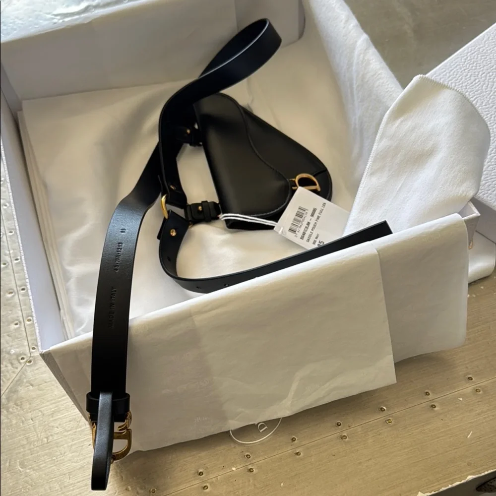 Christian Dior saddle Black Leather logo Belt with Gold Sz 85